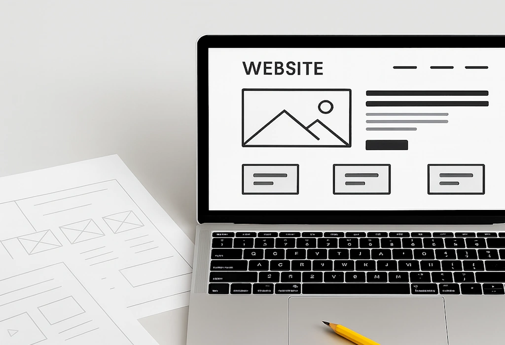 A modern workspace with a laptop displaying a simple wireframe website design. Next to the laptop are printed sketches of webpage layouts, and a yellow pencil rests on the keyboard. Website Cost in 2025: