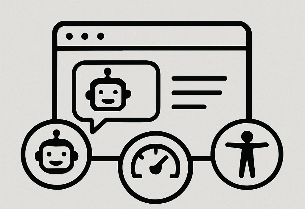 Minimalist black-and-white illustration of a web browser window with three icons representing 2025 website trends: chatbot, speed optimization, and accessibility.