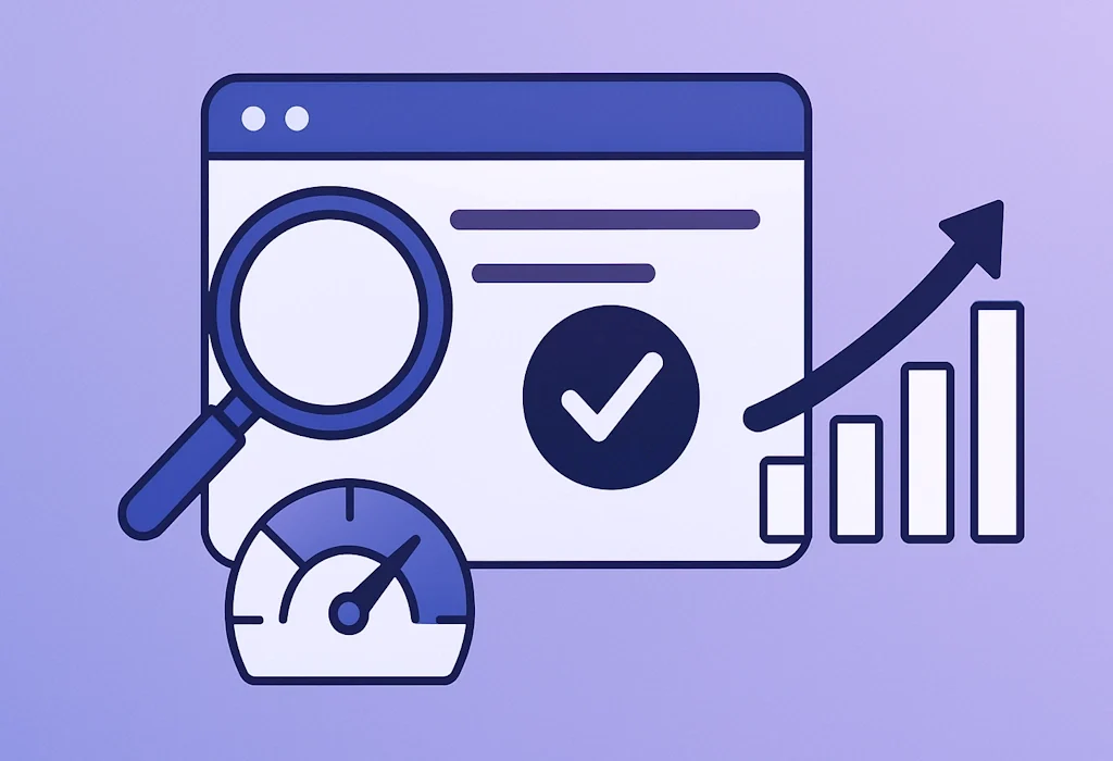 Flat-style digital illustration showing SEO-friendly website concepts for 2025, including a browser window, magnifying glass, speedometer, and upward graph symbolizing Google ranking and website optimization.